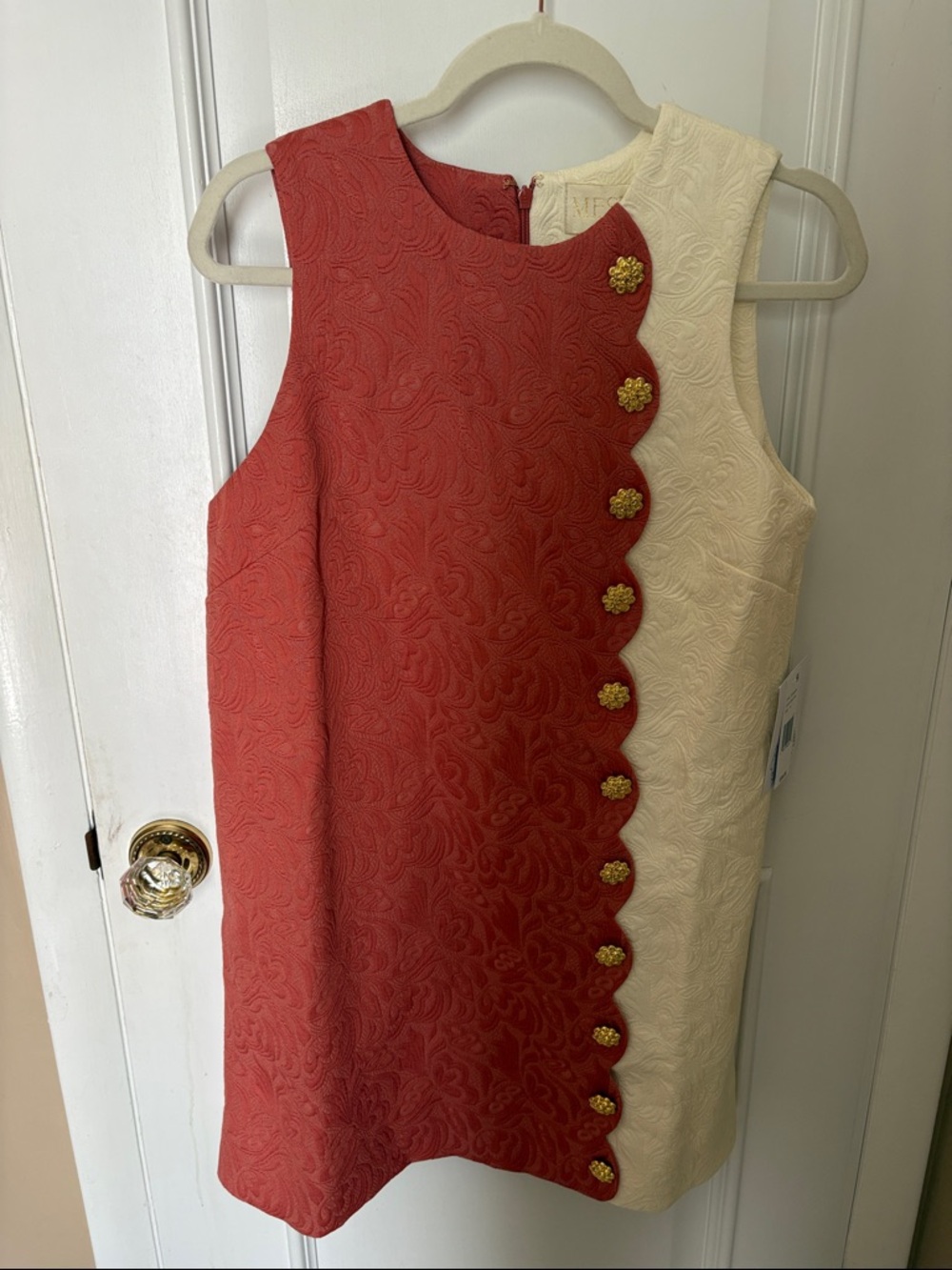 Mestiza Beautiful Sleeveless Two-Tone Scallop Dress in Terracotta and Cream